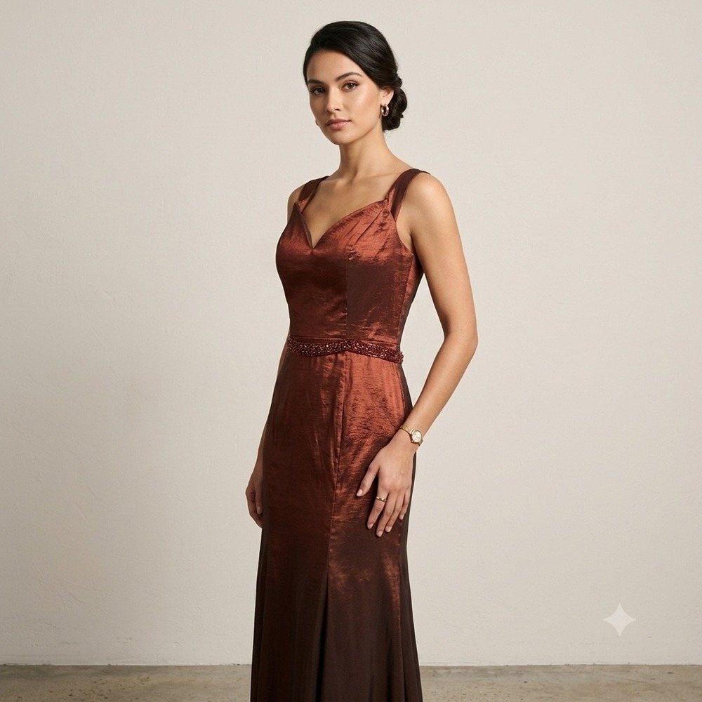 Anny Lee Formal Gown Womens Large Rust Metallic Beaded Waist Mermaid Prom Gala